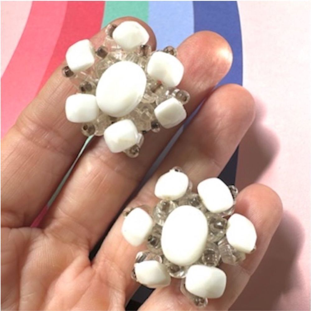 Vintage white and clear beaded clip on earrings